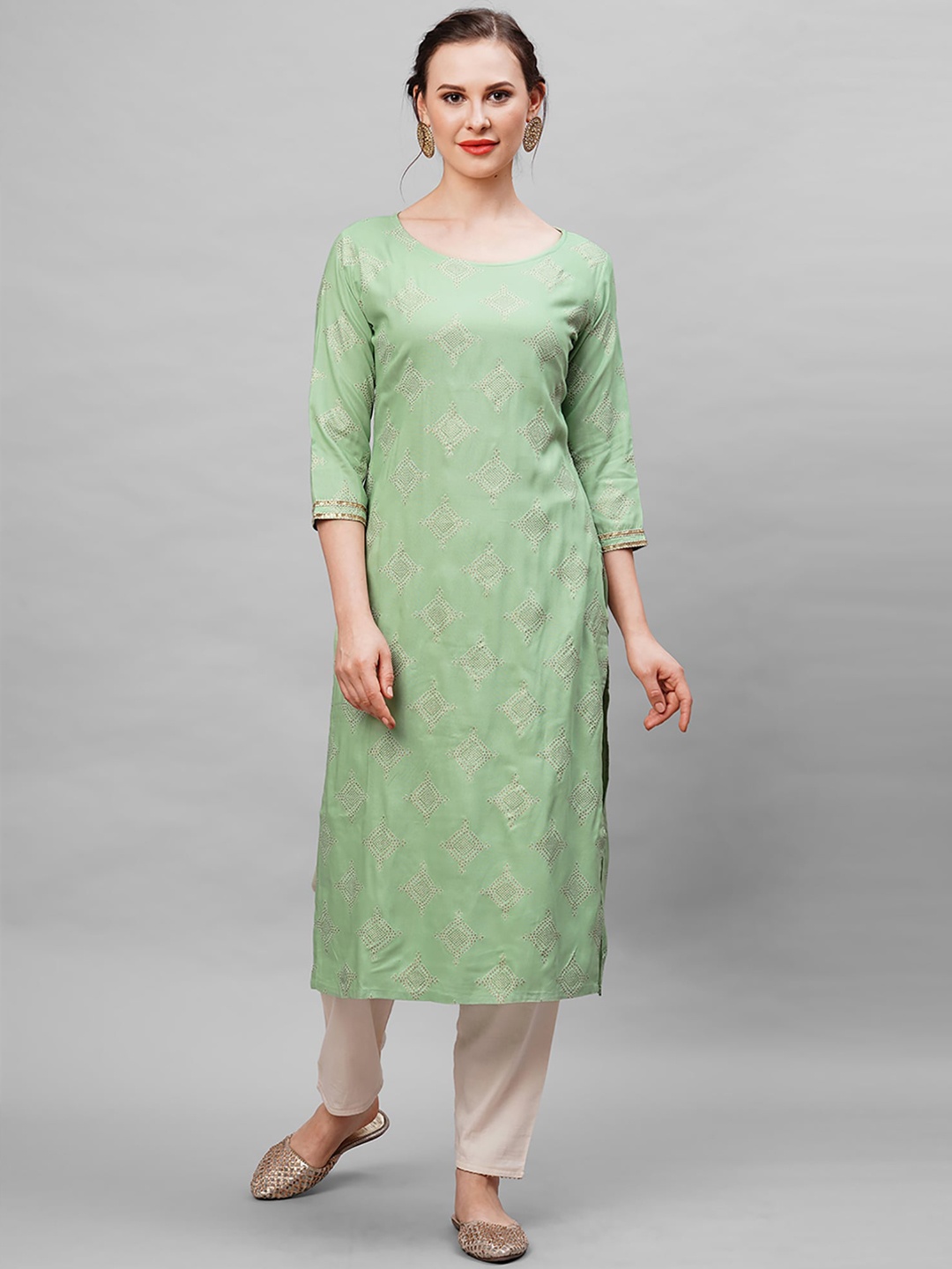 

Indo Era Women Green Ethnic Motifs Foil Printed Cotton Straight Kurta