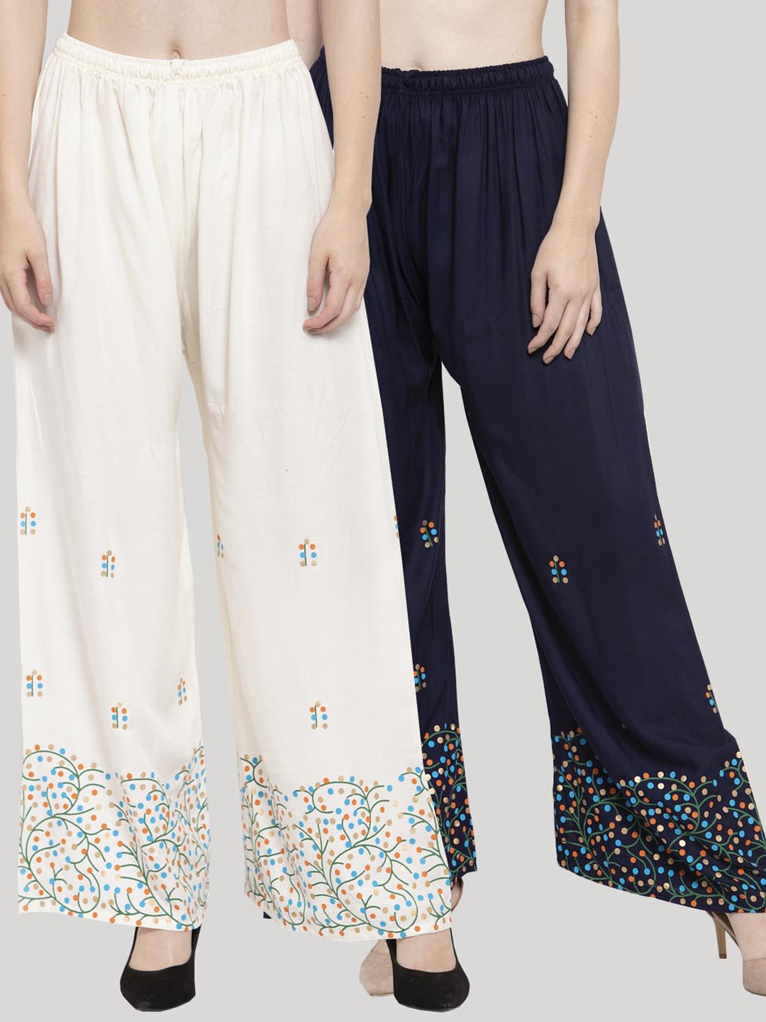 

Clora Creation Women Off White & Navy Blue 2 Ethnic Motifs Printed Palazzos