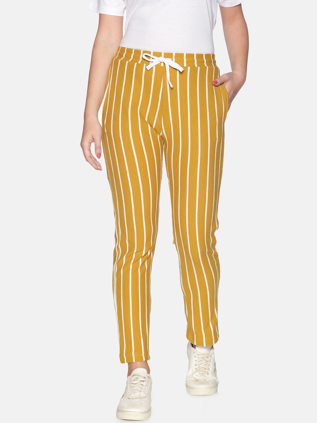 

Campus Sutra Women Mustard Yellow & White Striped Straight-Fit Cotton Track Pants