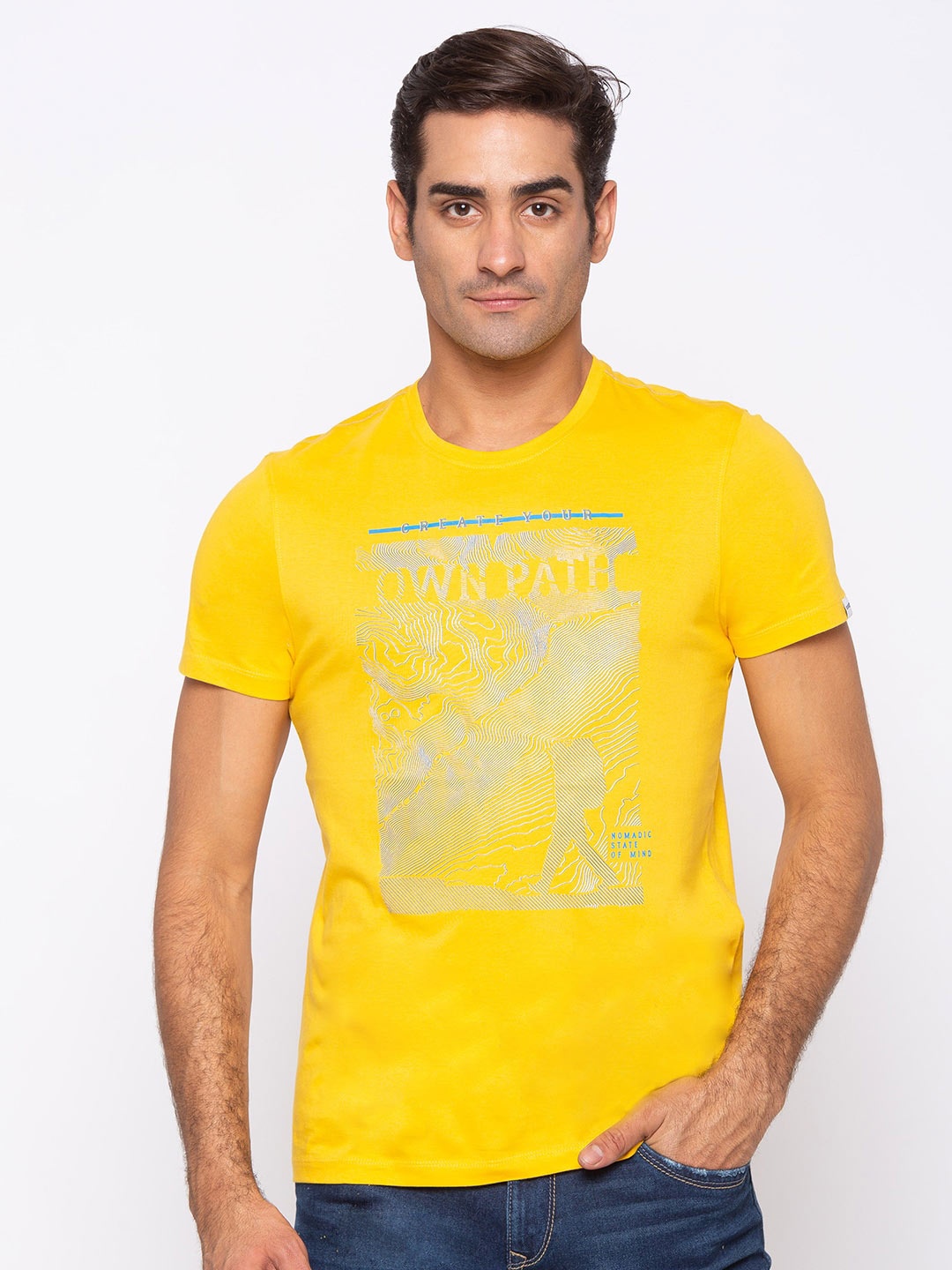 

SPYKAR Men Yellow Printed Slim Fit T-shirt