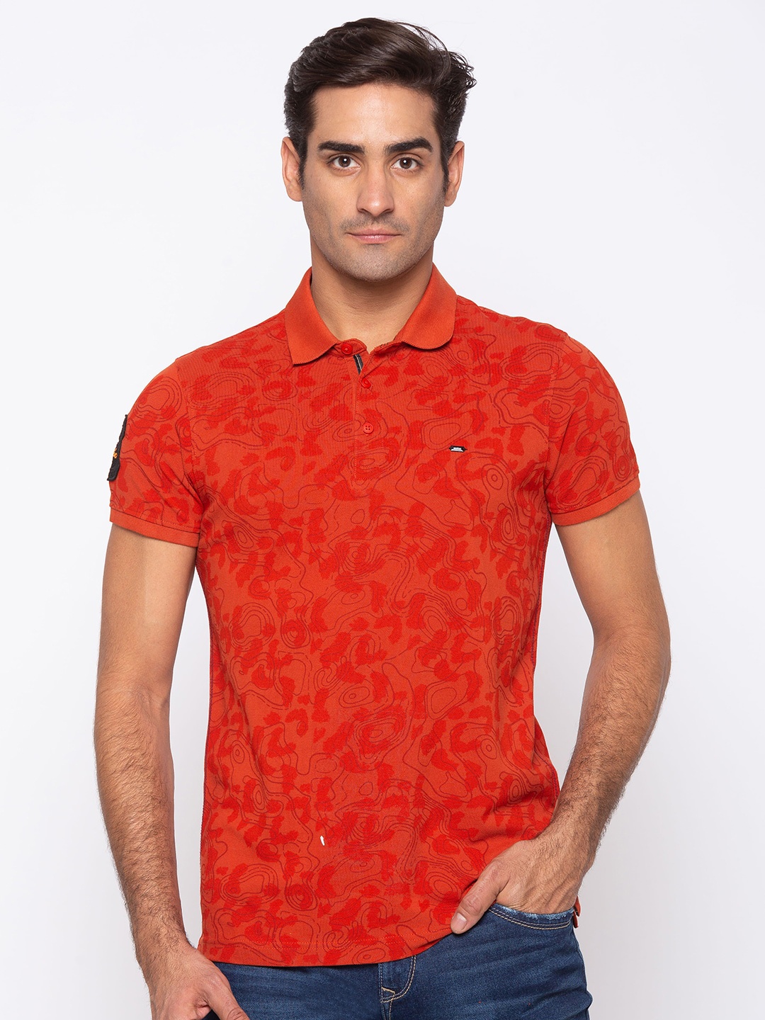 

SPYKAR Men Orange Floral Polo Collar Tropical Slim Fit T-shirt