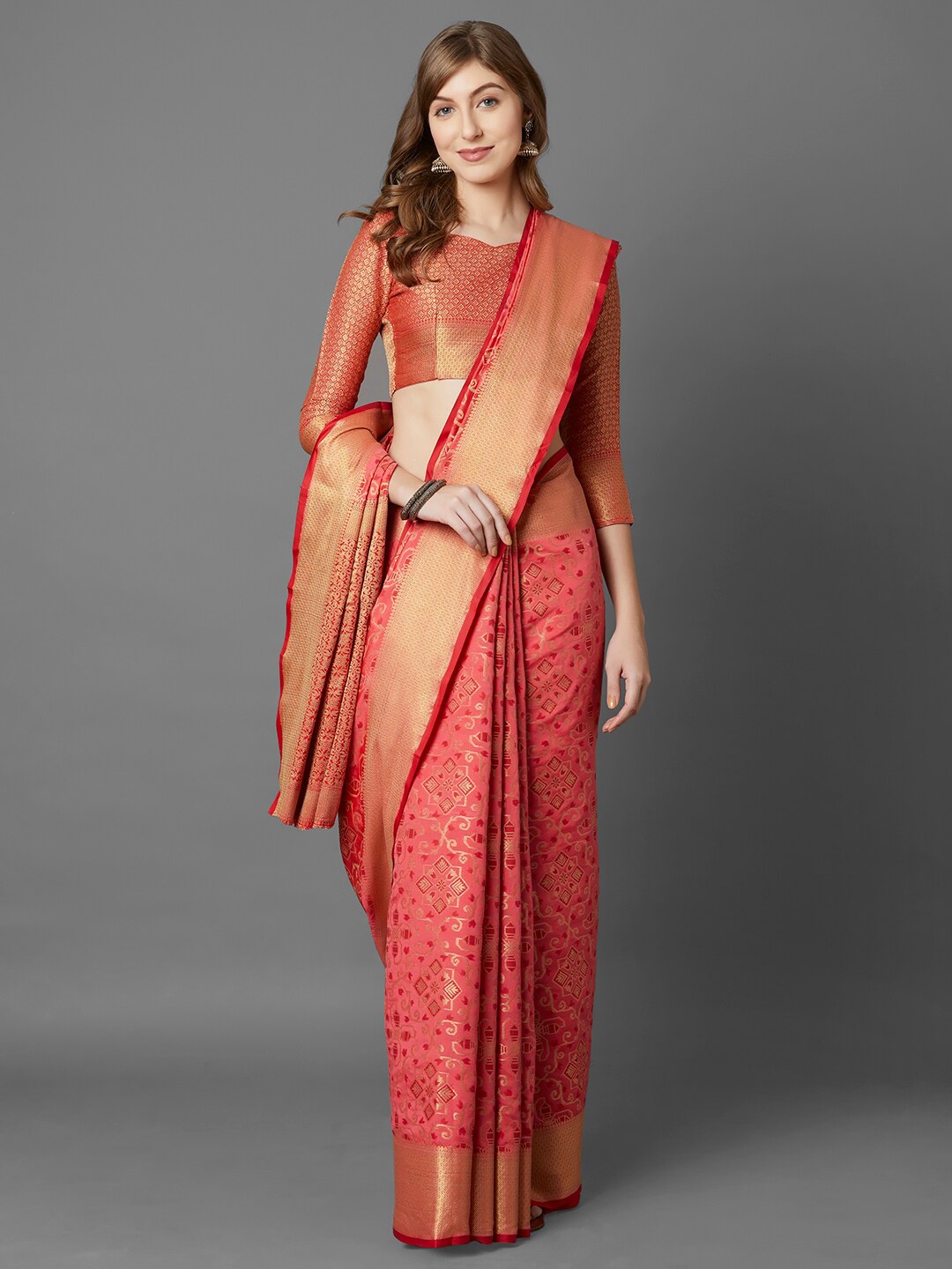 

Mitera Peach & Red Ethnic Motifs Zari Silk Blend Kanjeevaram Saree