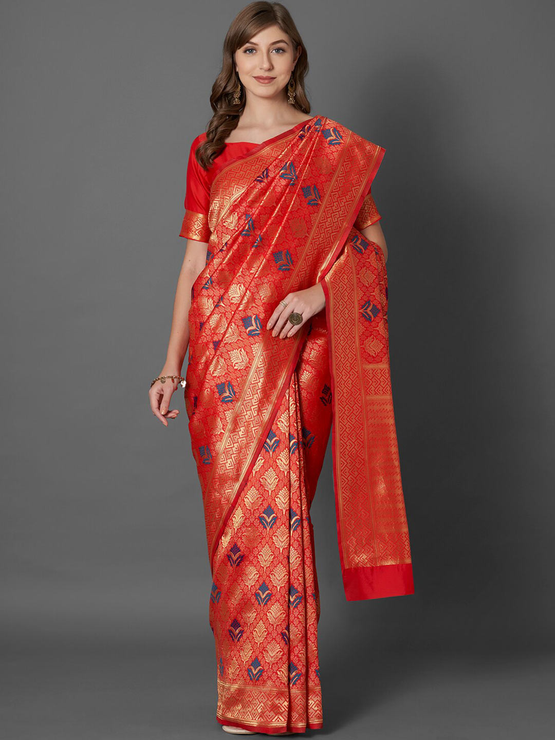 

Mitera Red & Blue Woven Design Silk Blend Saree