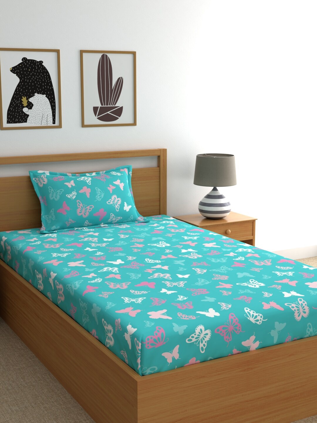 

BLUE DAHLIA Blue & Pink Graphic 210 TC Single Bedsheet with 1 Pillow Covers