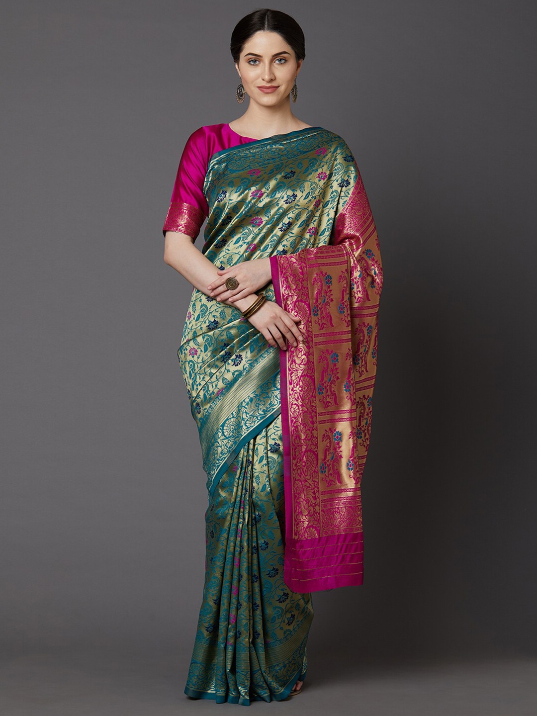 Mitera Teal & Pink Ethnic Motifs Zari Silk Blend Banarasi Saree