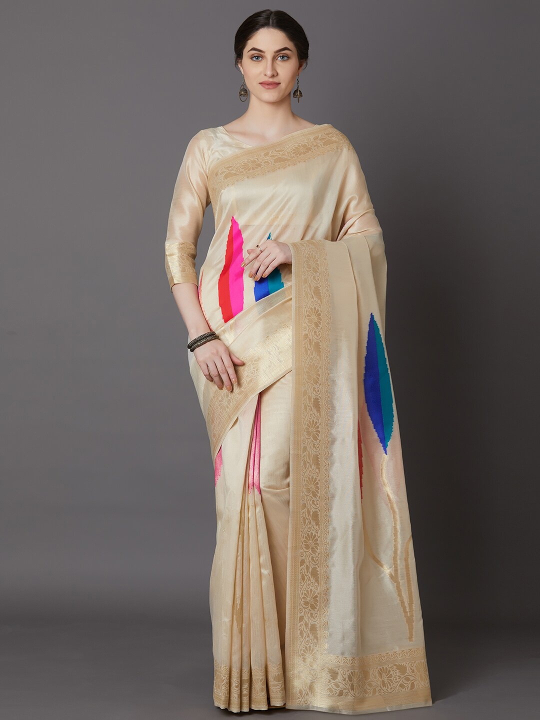 

Mitera Beige & Pink Zari Silk Blend Kanjeevaram Saree