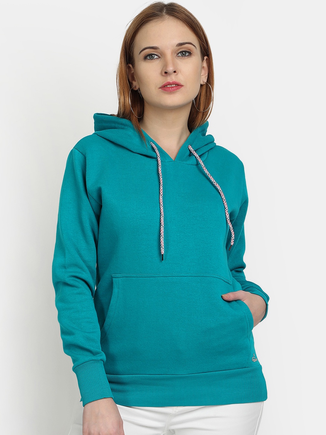 

PICOT Women Turquoise Blue Solid Hooded Sweatshirt