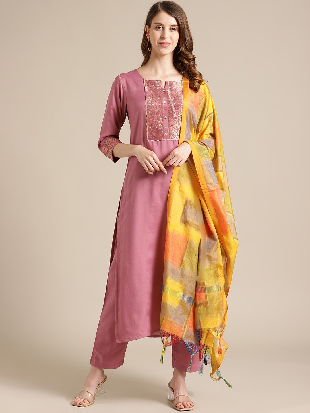 Varanga Women Mauve Ethnic Motifs Yoke Design Kurta with Trousers & With Dupatta