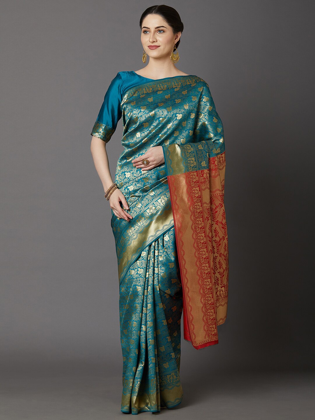 Mitera Teal & Red Woven Design Silk Blend Banarasi Saree
