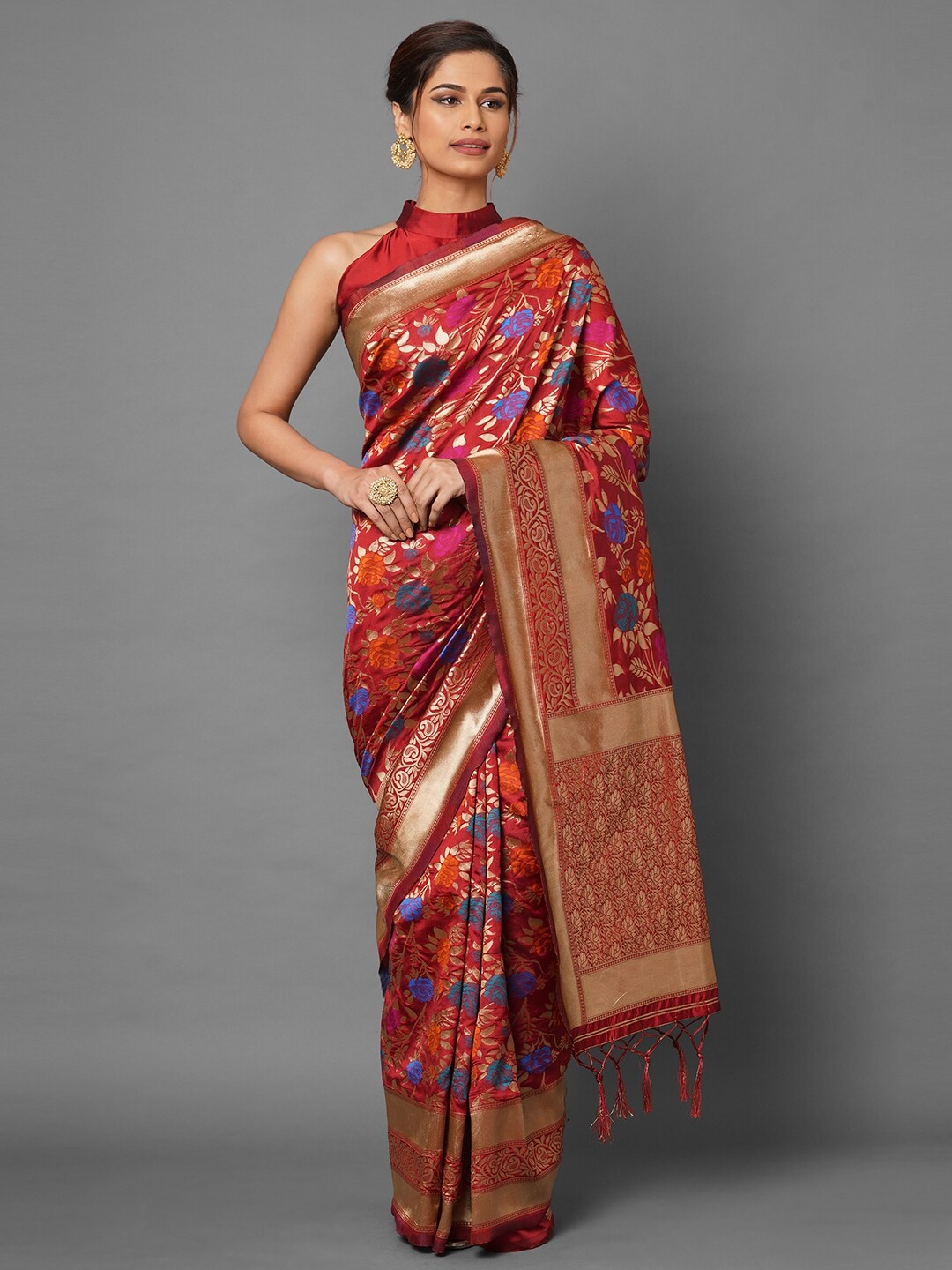 

Mitera Red & Gold-Toned Woven Design Zari Silk Blend Banarasi Saree