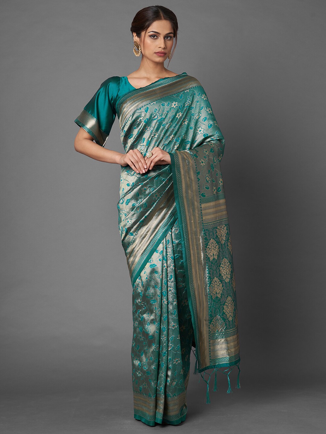 

Mitera Teal & Gold-Toned Woven Design Zari Silk Blend Banarasi Saree