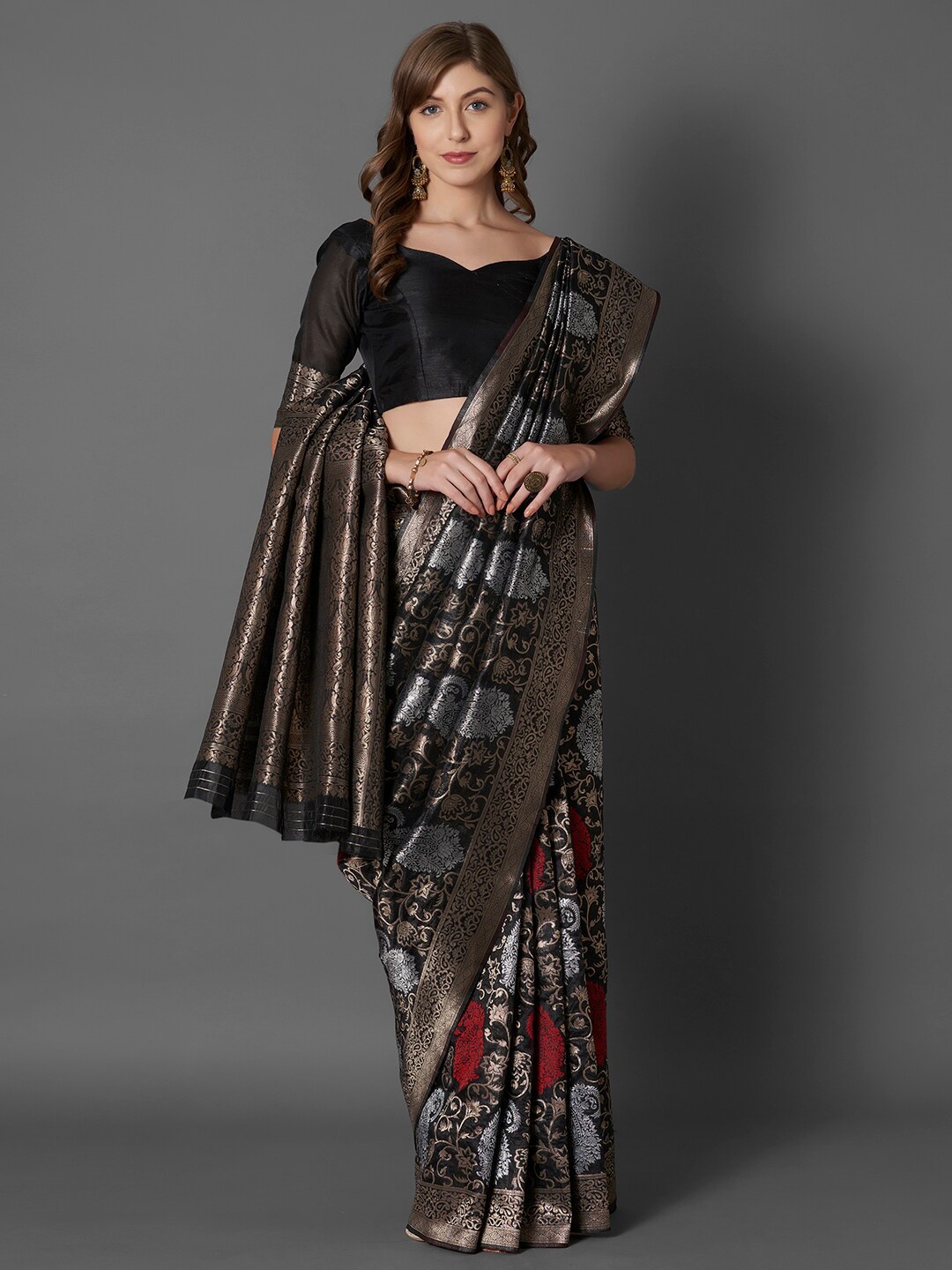

Mitera Black & Red Paisley Silk Blend Kanjeevaram Saree