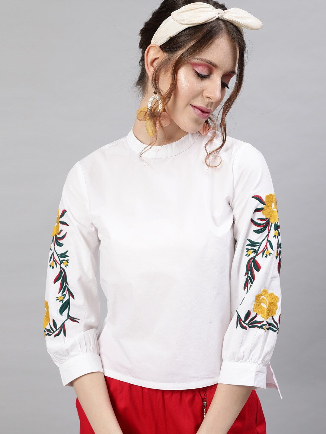 STREET 9 White Floral Embroidered Regular Top