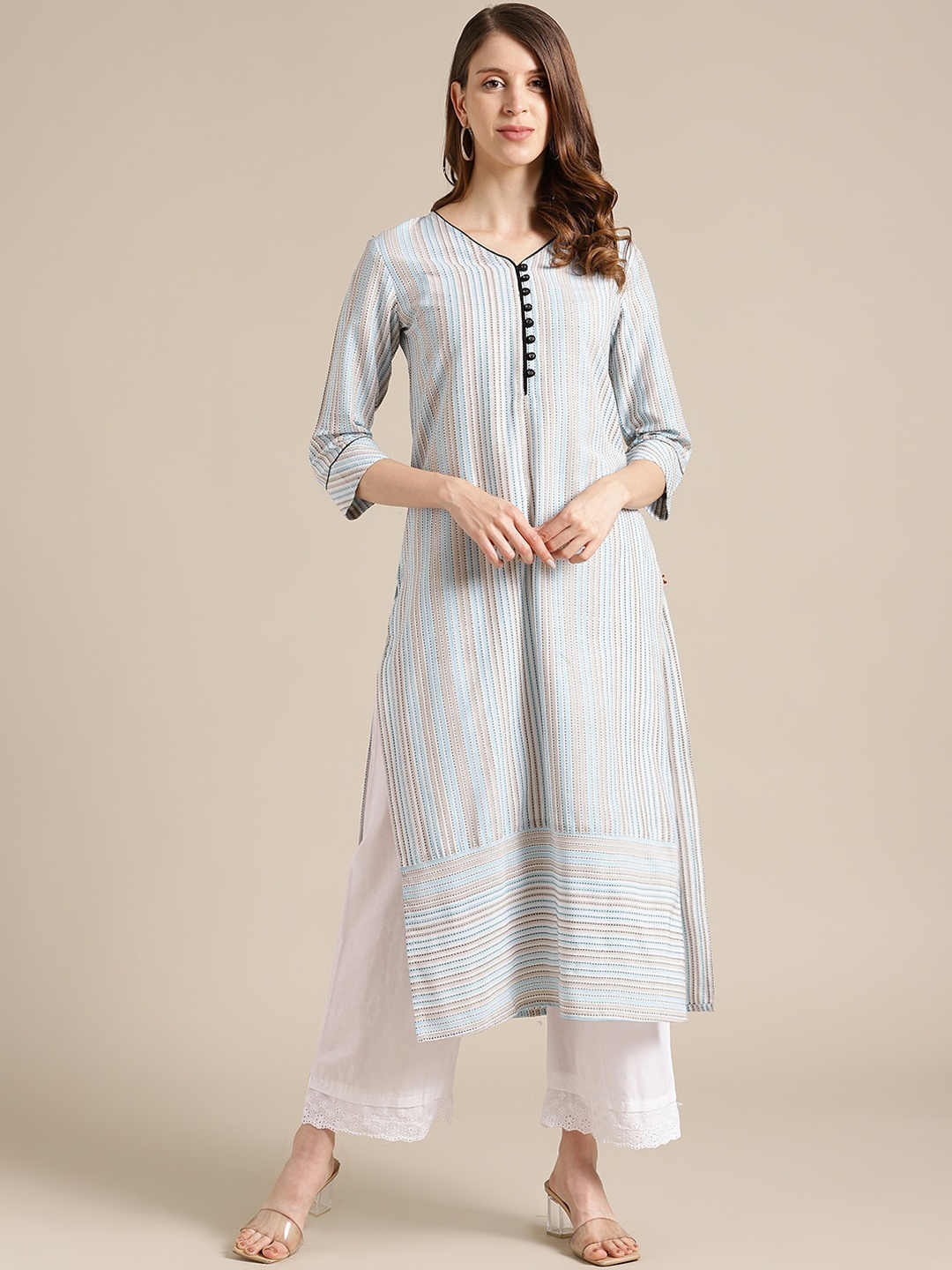 

KSUT Women Blue & Beige Striped Kurta