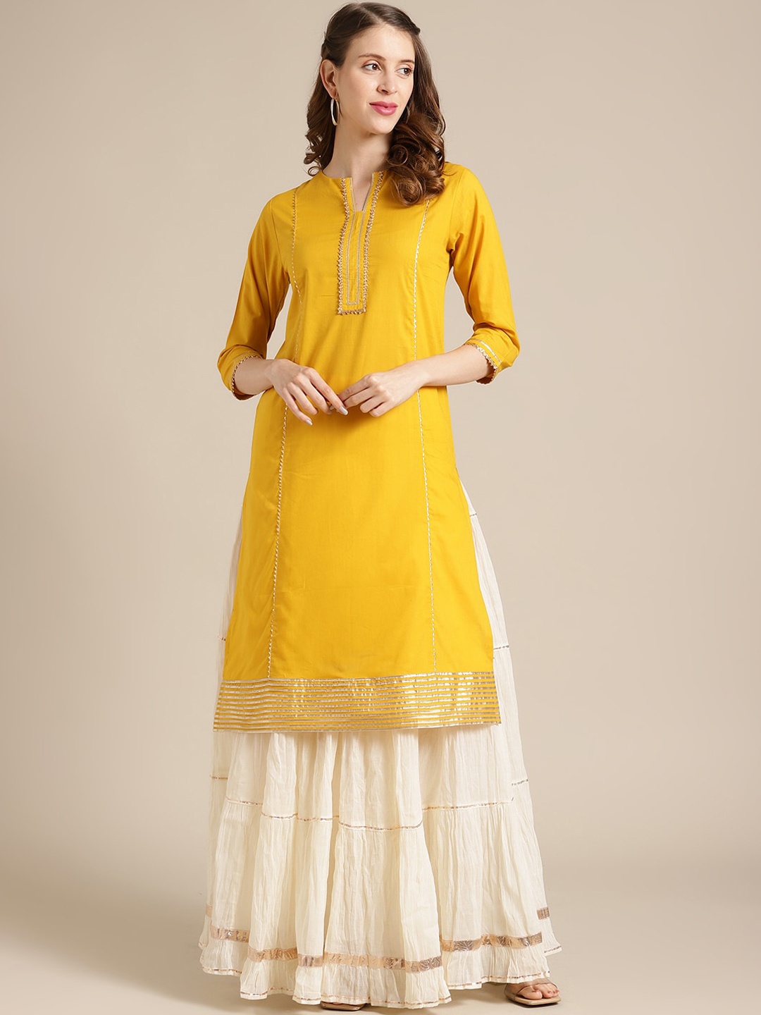 

Varanga Women Mustard Pure Cotton Kurta with Skirt