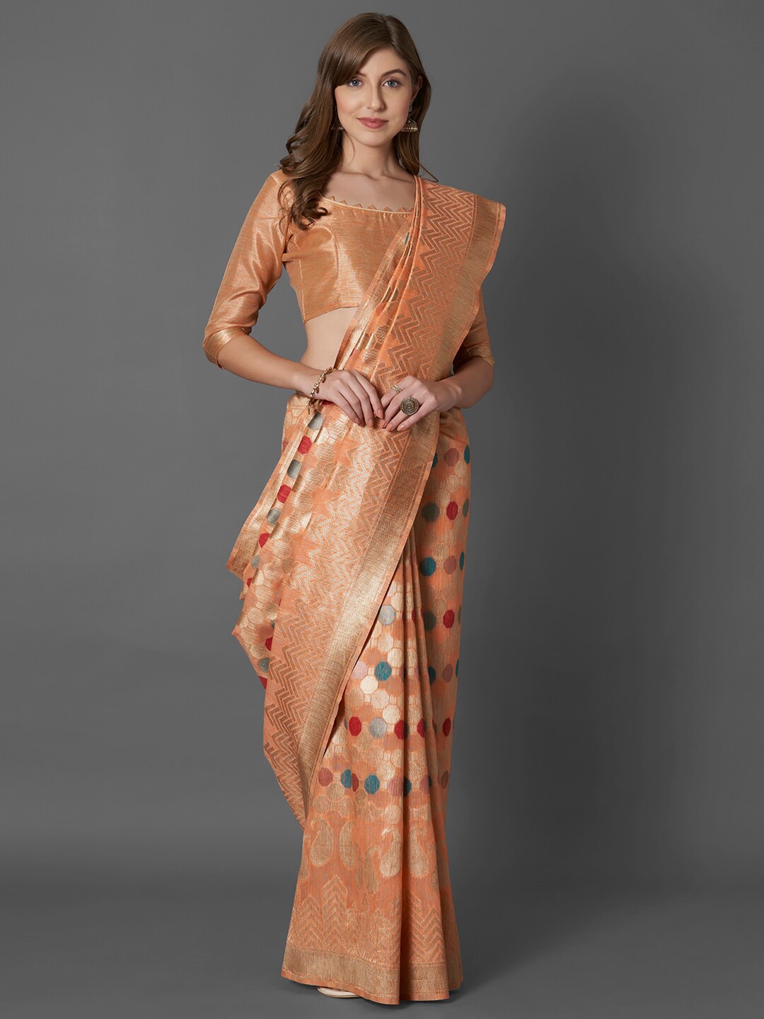 

Mitera Orange & Red Woven Design Zari Silk Cotton Saree