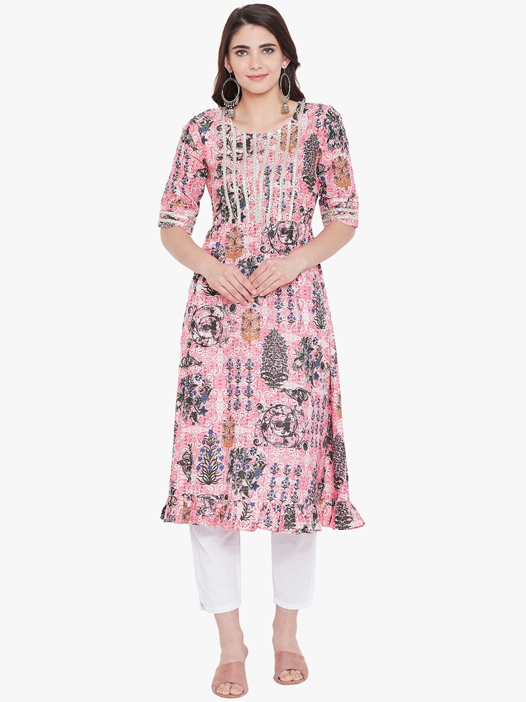 

One of a Kind Women Pink & Black Ethnic Motifs Printed Floral Kurta