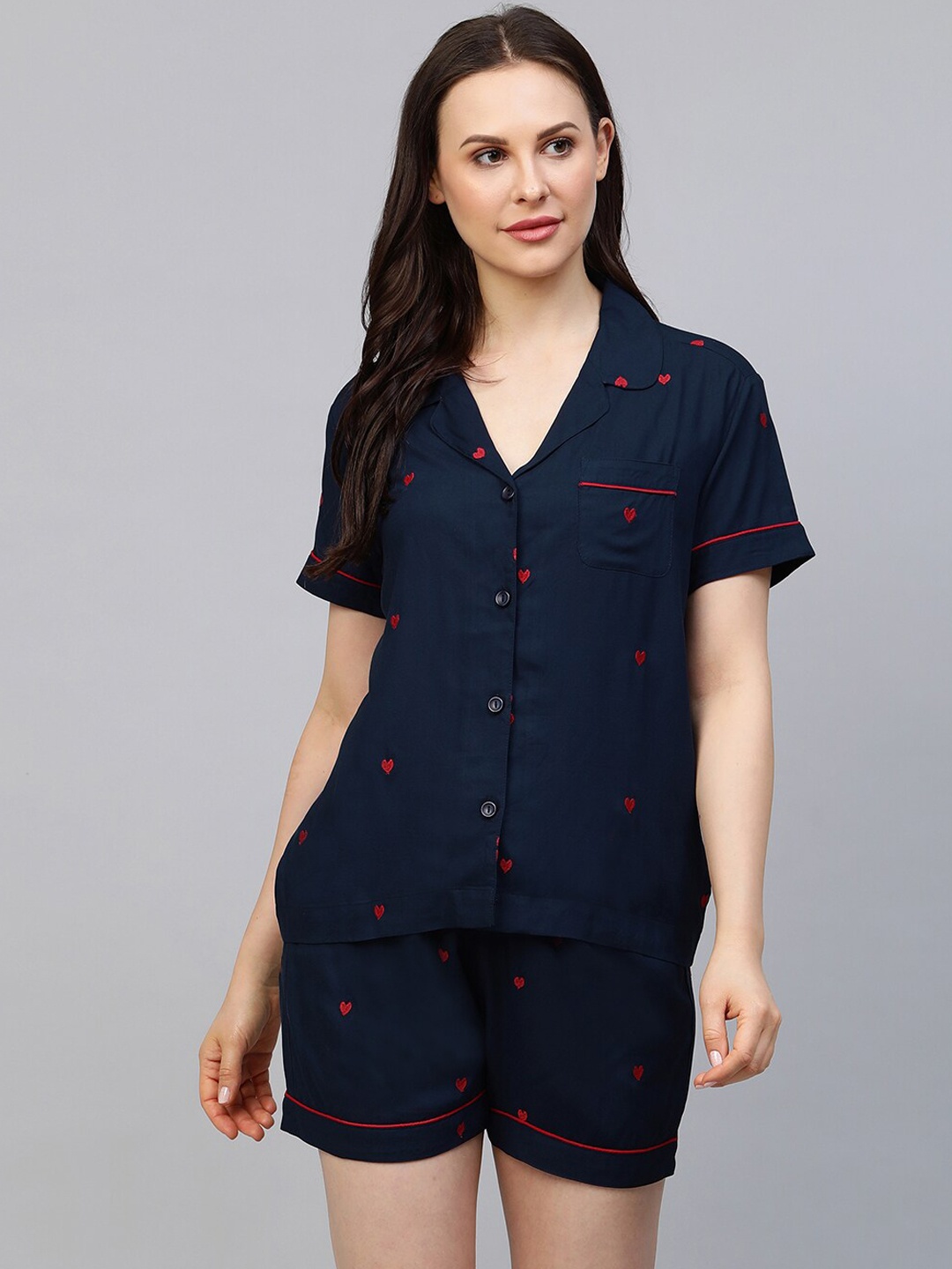 

Chemistry Women Navy Blue & Red Embroidered Night suit