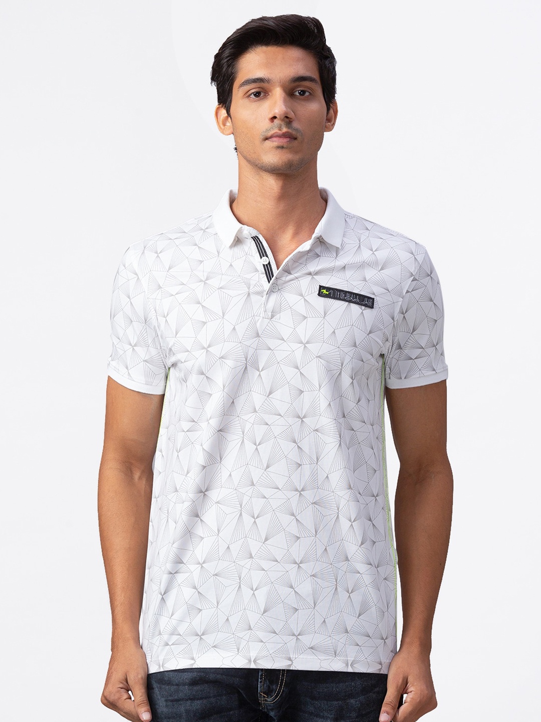 

SPYKAR Men White Geometric Printed Polo Collar Cotton Slim Fit T-shirt