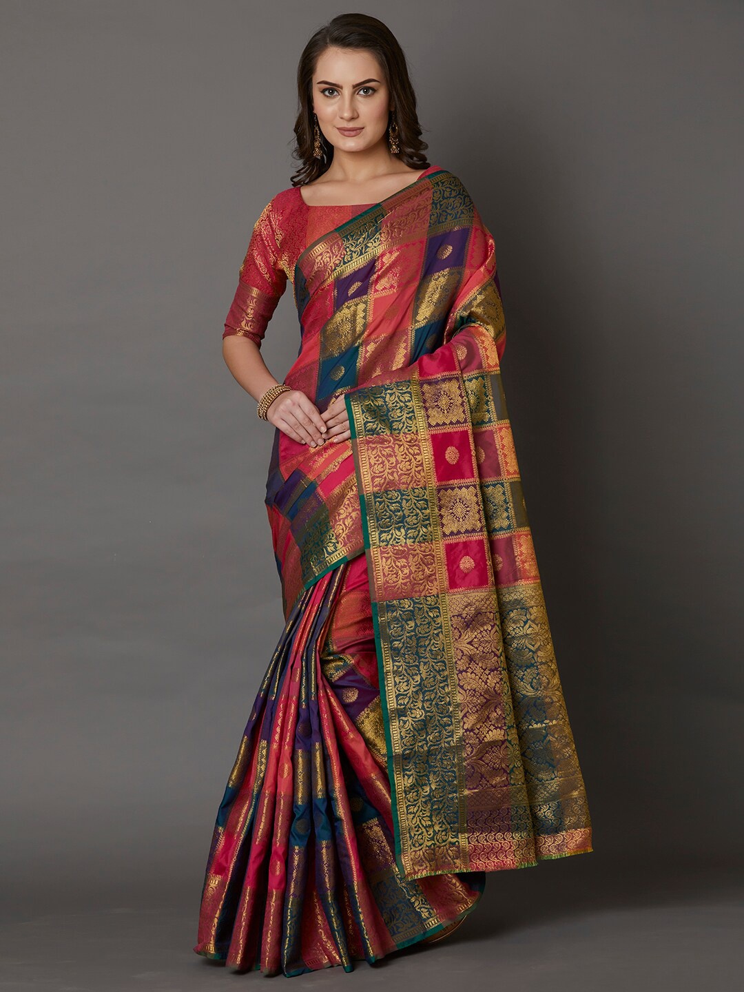 

Mitera Pink & Purple Woven Design Zari Silk Blend Banarasi Saree