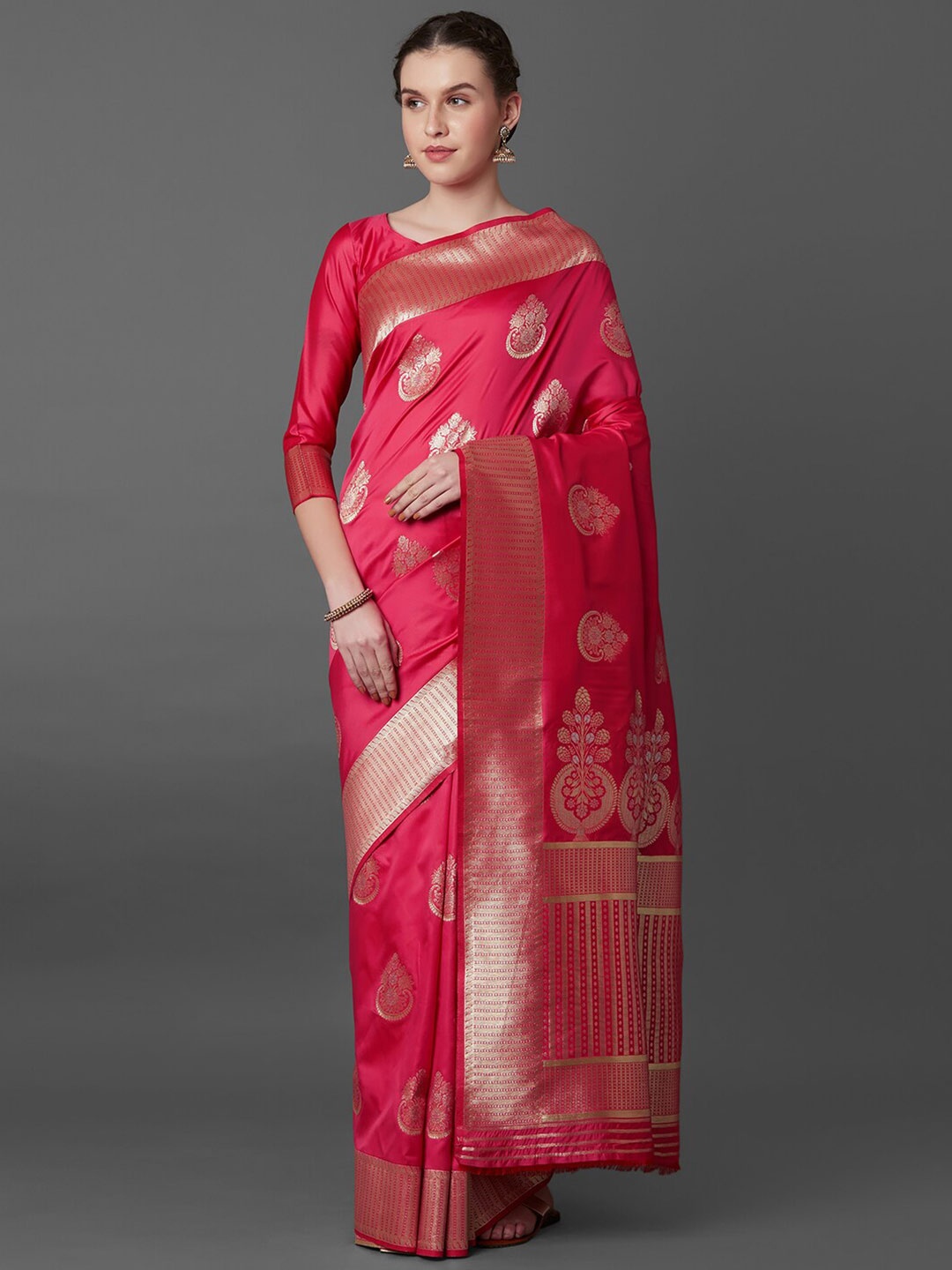 

Mitera Pink & Gold-Toned Woven Design Zari Silk Blend Banarasi Saree