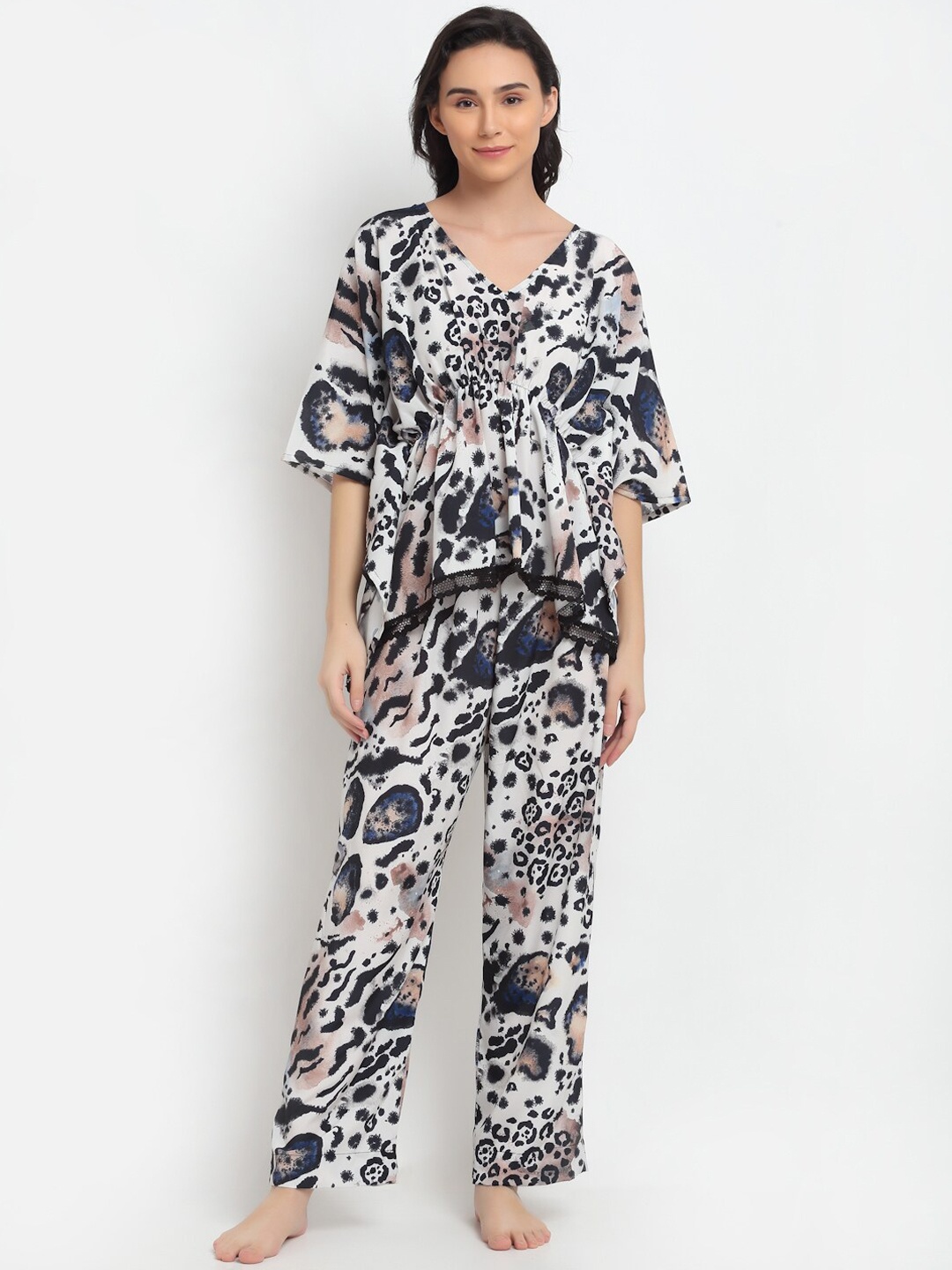 EROTISSCH Women White & Black Printed Kaftan Night suit