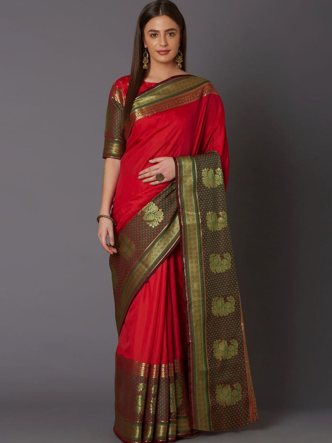 

Mitera Red & Green Paisley Zari Silk Blend Saree