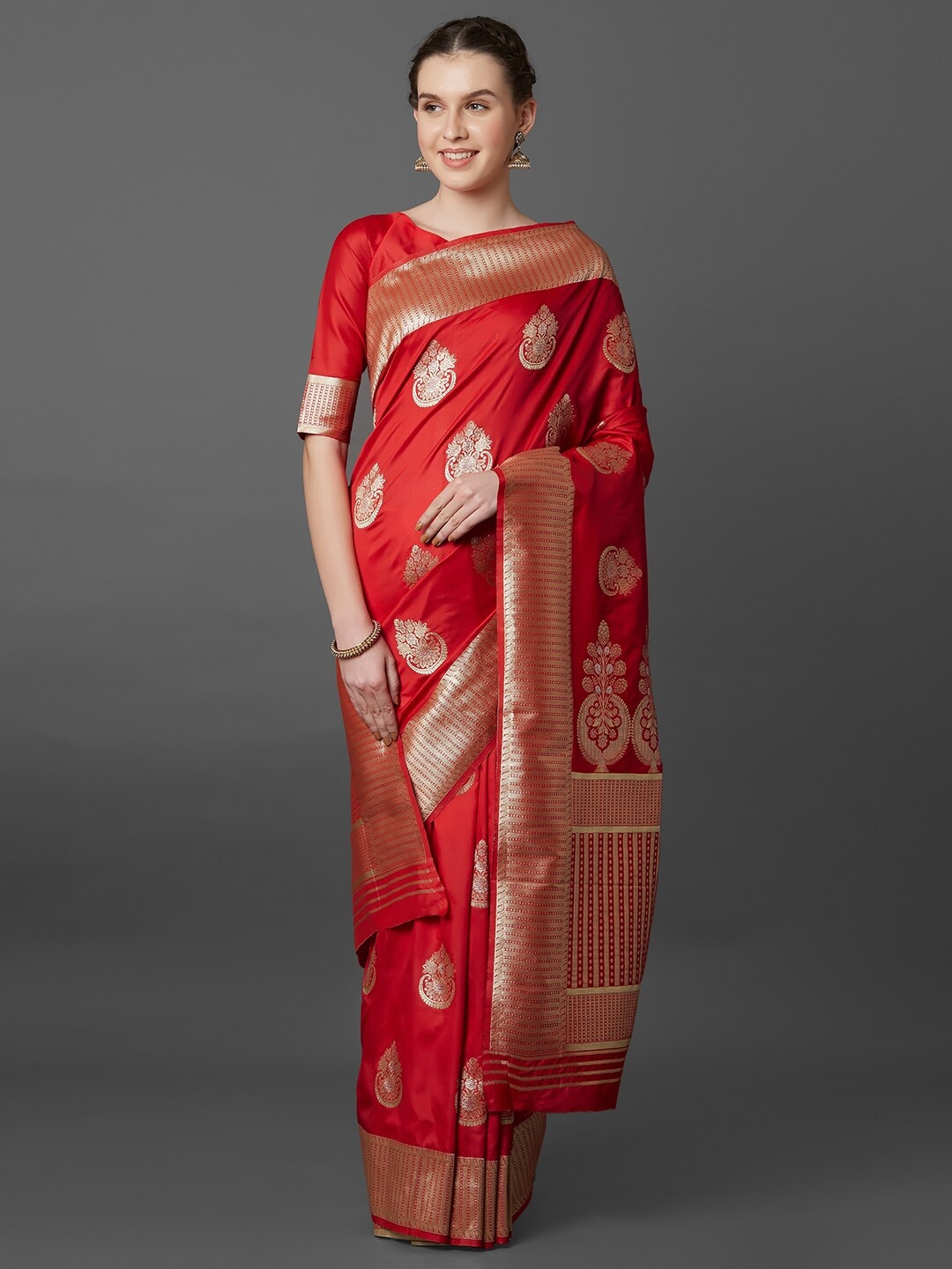 

Mitera Red & Gold-Toned Woven Design Zari Silk Blend Banarasi Saree