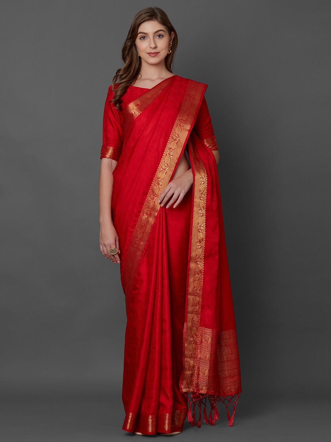 

Mitera Red & Gold-Toned Zari Silk Blend Saree