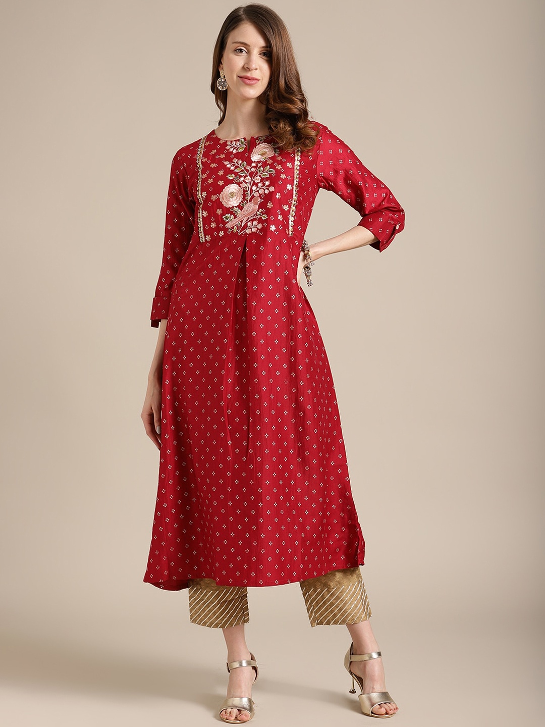 

Varanga Women Maroon Ethnic Motifs Printed Keyhole Neck Thread Work Kurta