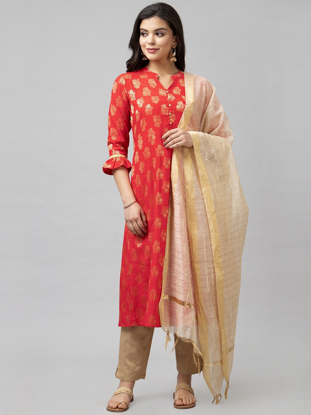

SANISA Red Woven Jacquard Kurta With Trouser And Dupatta Set