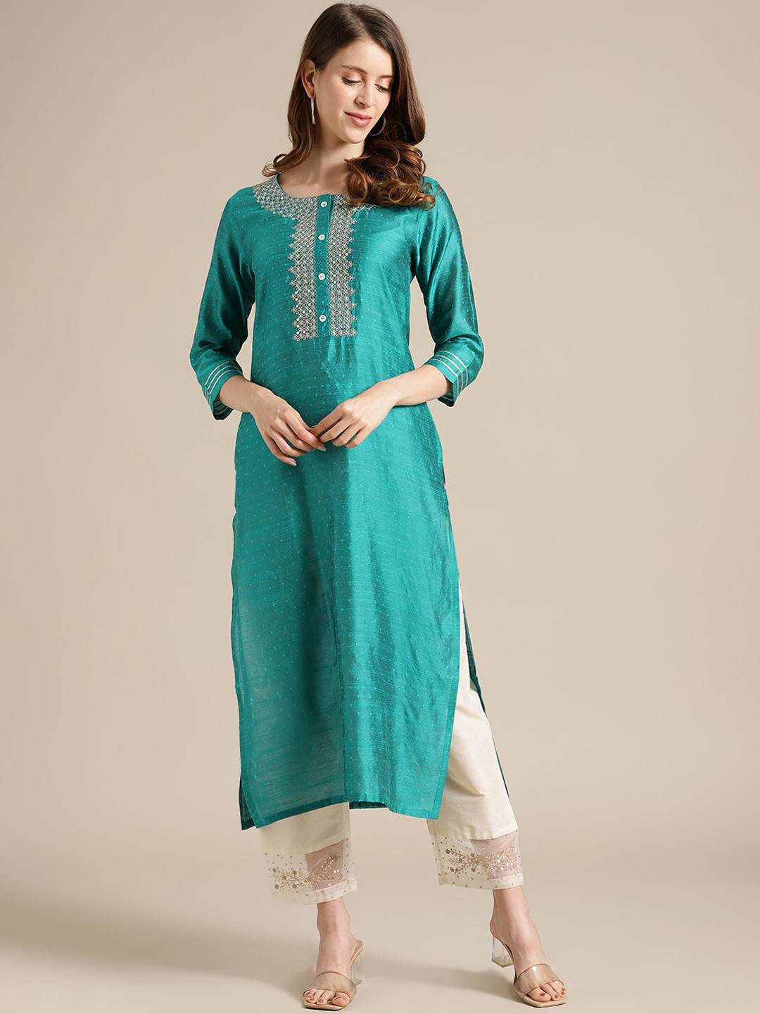 

Varanga Women Turquoise Blue Geometric Yoke Design Thread Work Kurta