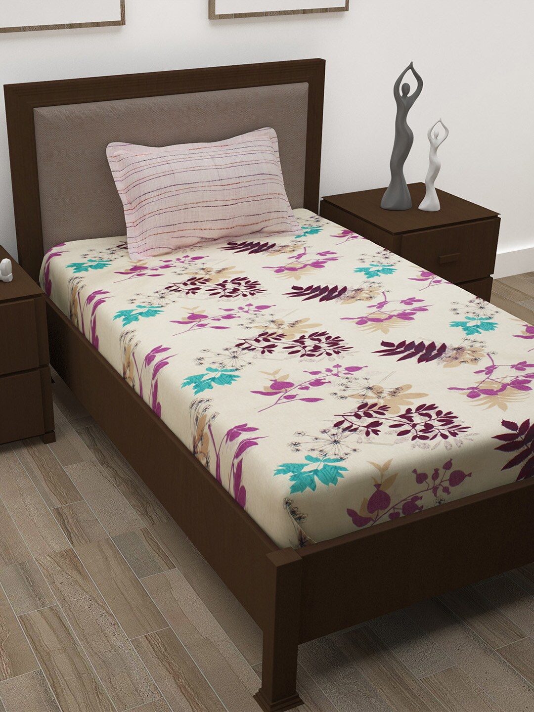 

Story@home Cream & Pink Floral 186 TC Single Bedsheet with 1 Pillow Covers