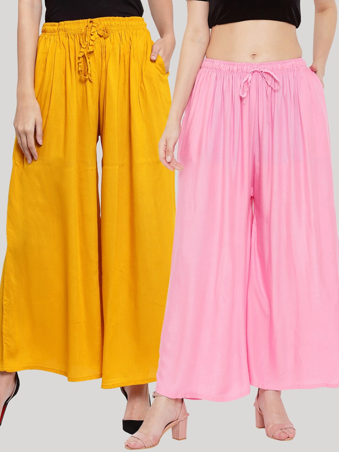 

Clora Creation Women Yellow & Pink Pack of 2 Flared Knitted Ethnic Palazzos