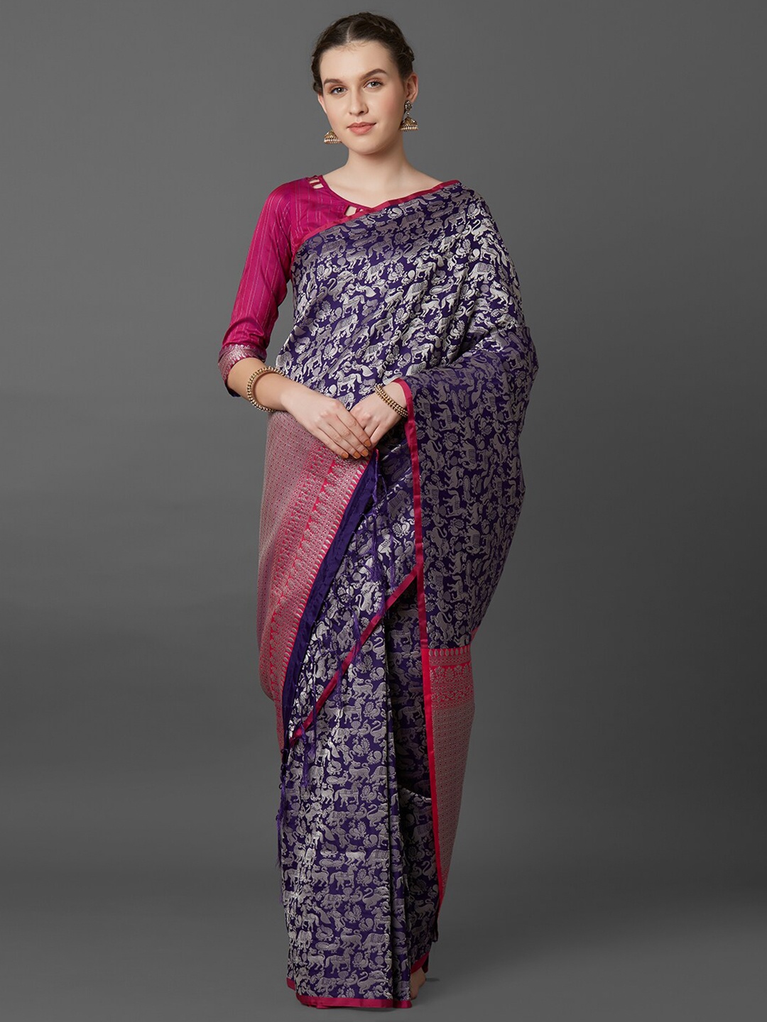 

Mitera Purple & Pink Woven Design Zari Silk Blend Saree