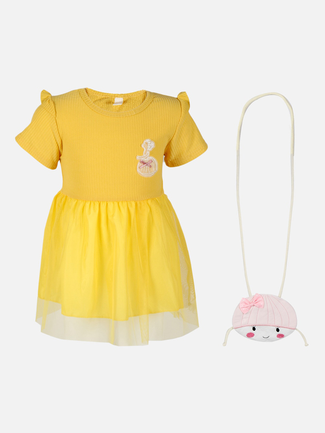 

PASSION PETALS Yellow Applique Net Dress with Sling Bag