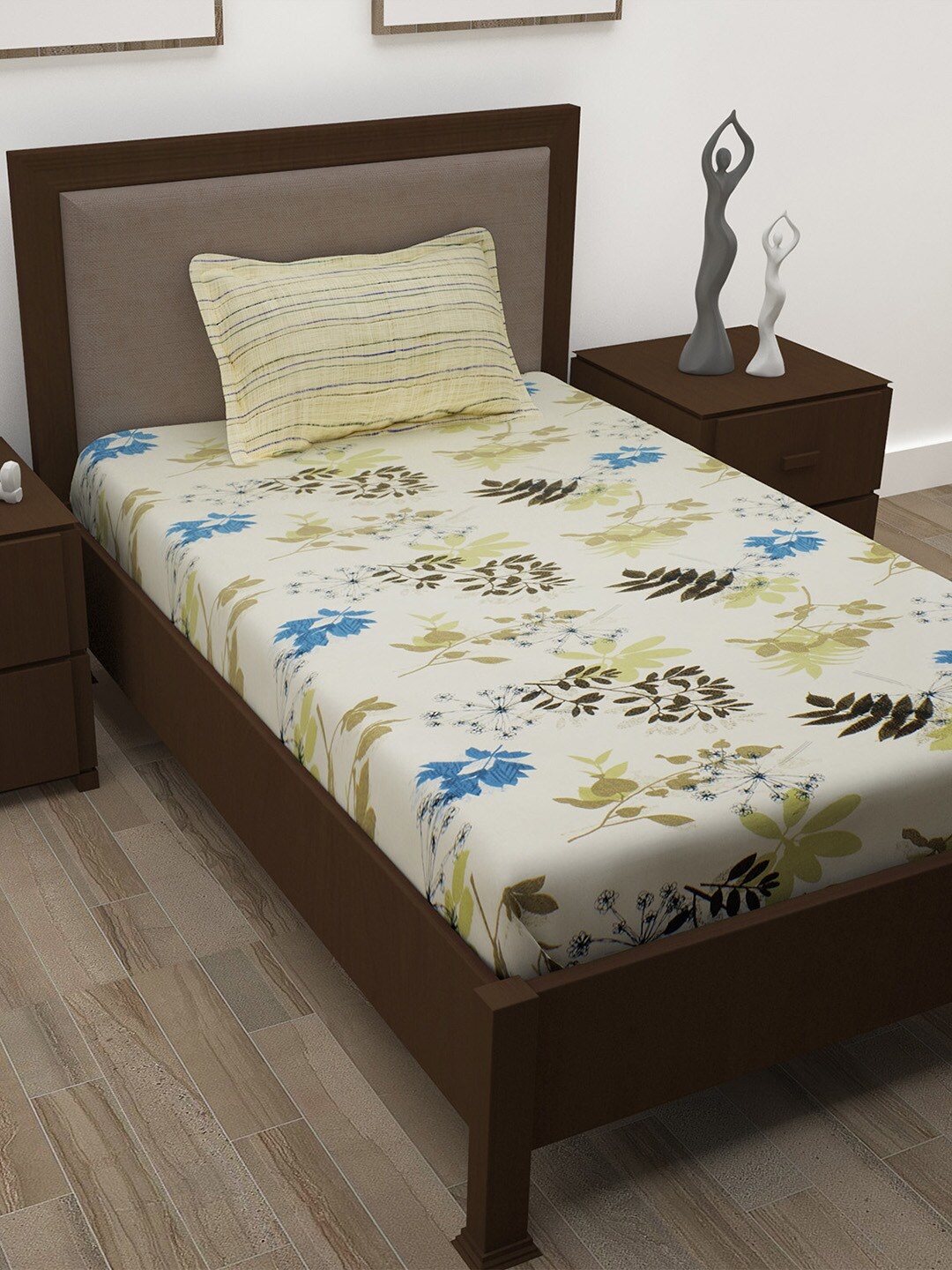 Story@home Off White & Blue Floral 186 TC Single Bedsheet with 1 Pillow Covers