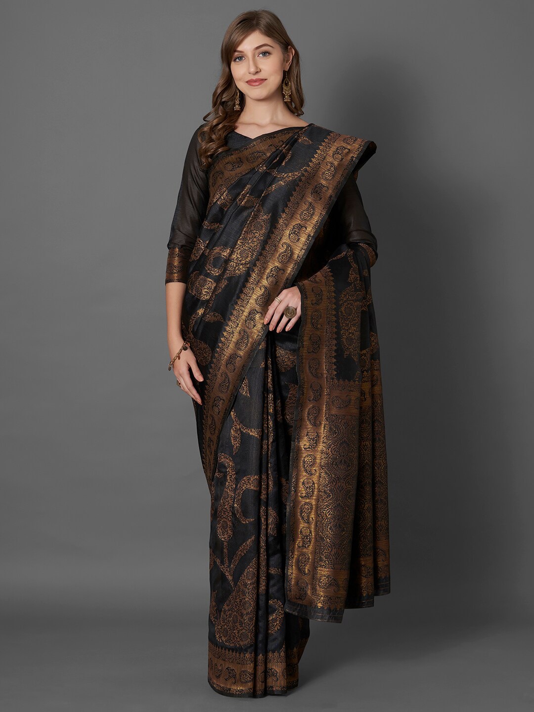 

Mitera Black & Gold-Toned Paisley Silk Blend Saree