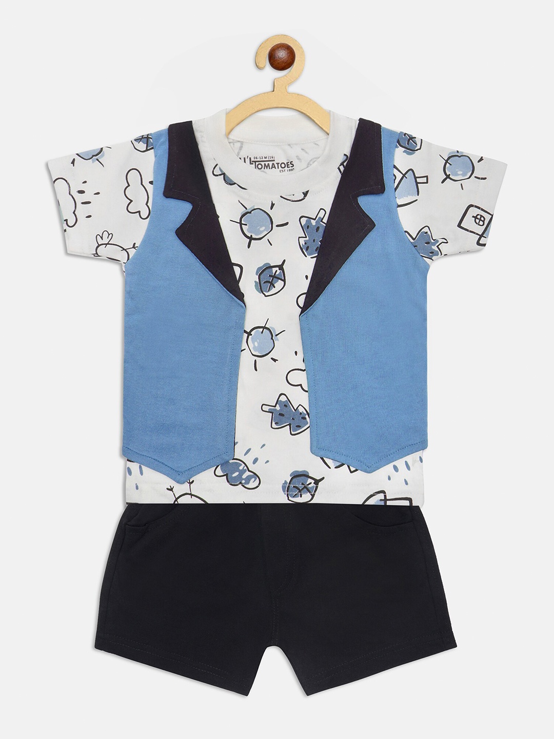 

Lil Tomatoes Unisex Kids White & Navy Blue Printed T-shirt with Shorts