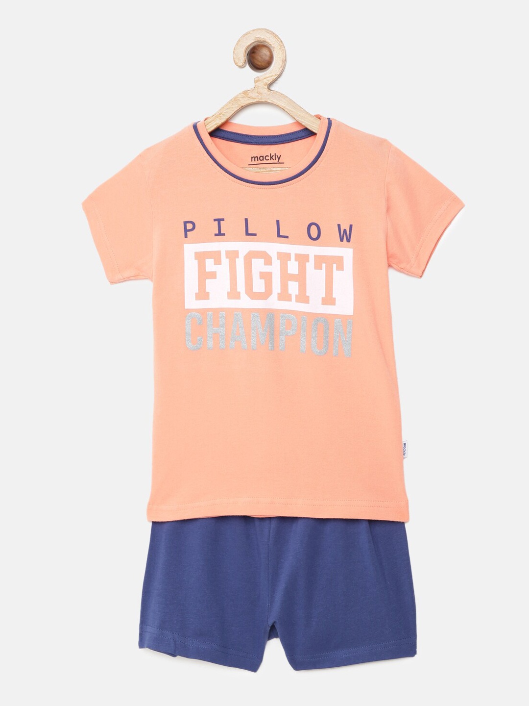 

mackly Girls Peach & Blue Printed Night suit