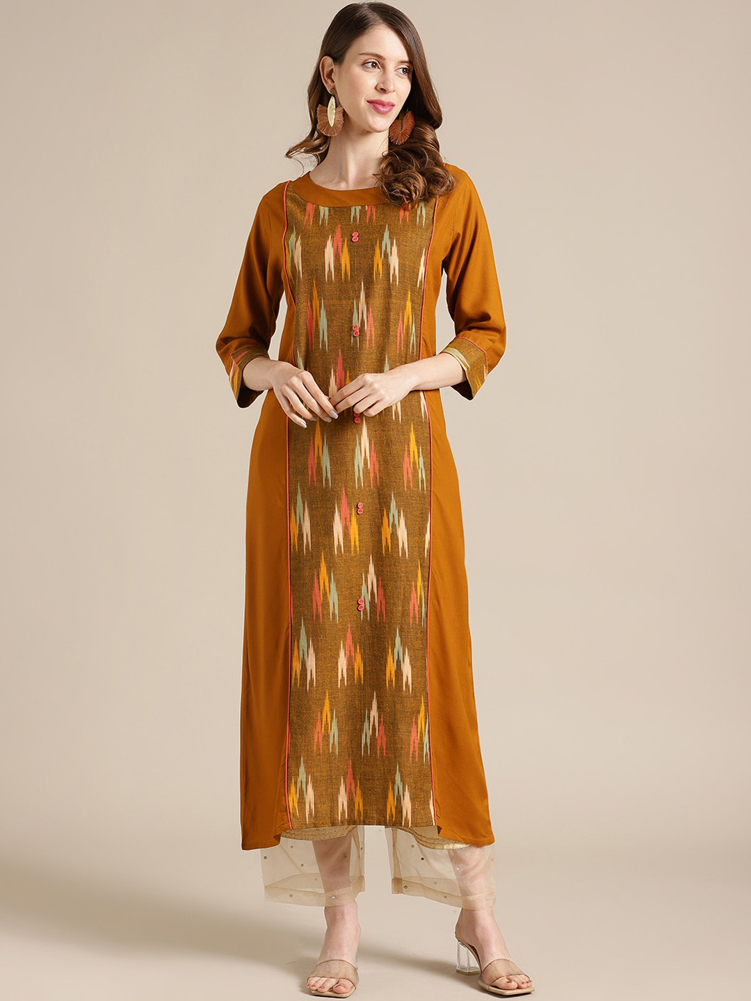 

KSUT Women Mustard Geometric Straight Kurta
