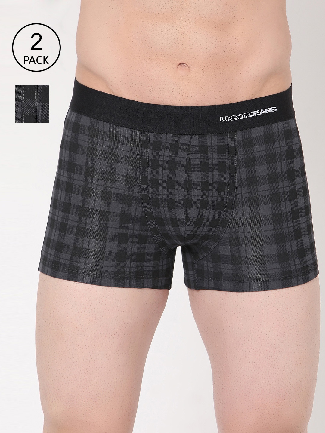

UnderJeans by Spykar Men Black Pack Of 2 Black & Grey Checked Trunks UJMTRPTC036