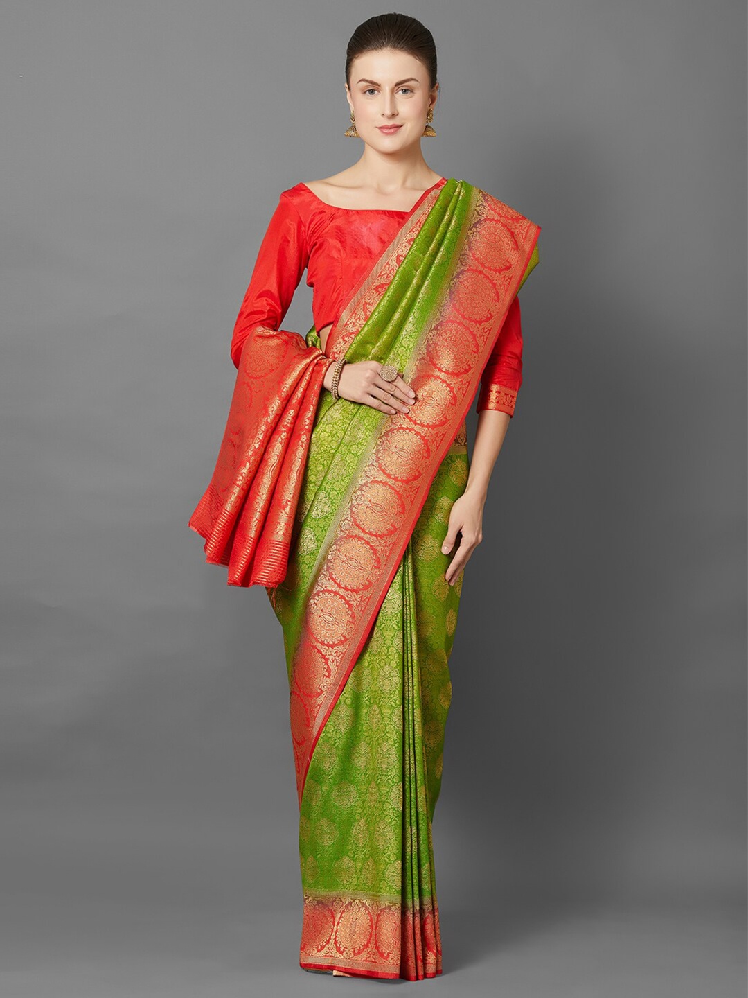 

Mitera Green Ethnic Motifs Zari Silk Blend Banarasi Saree