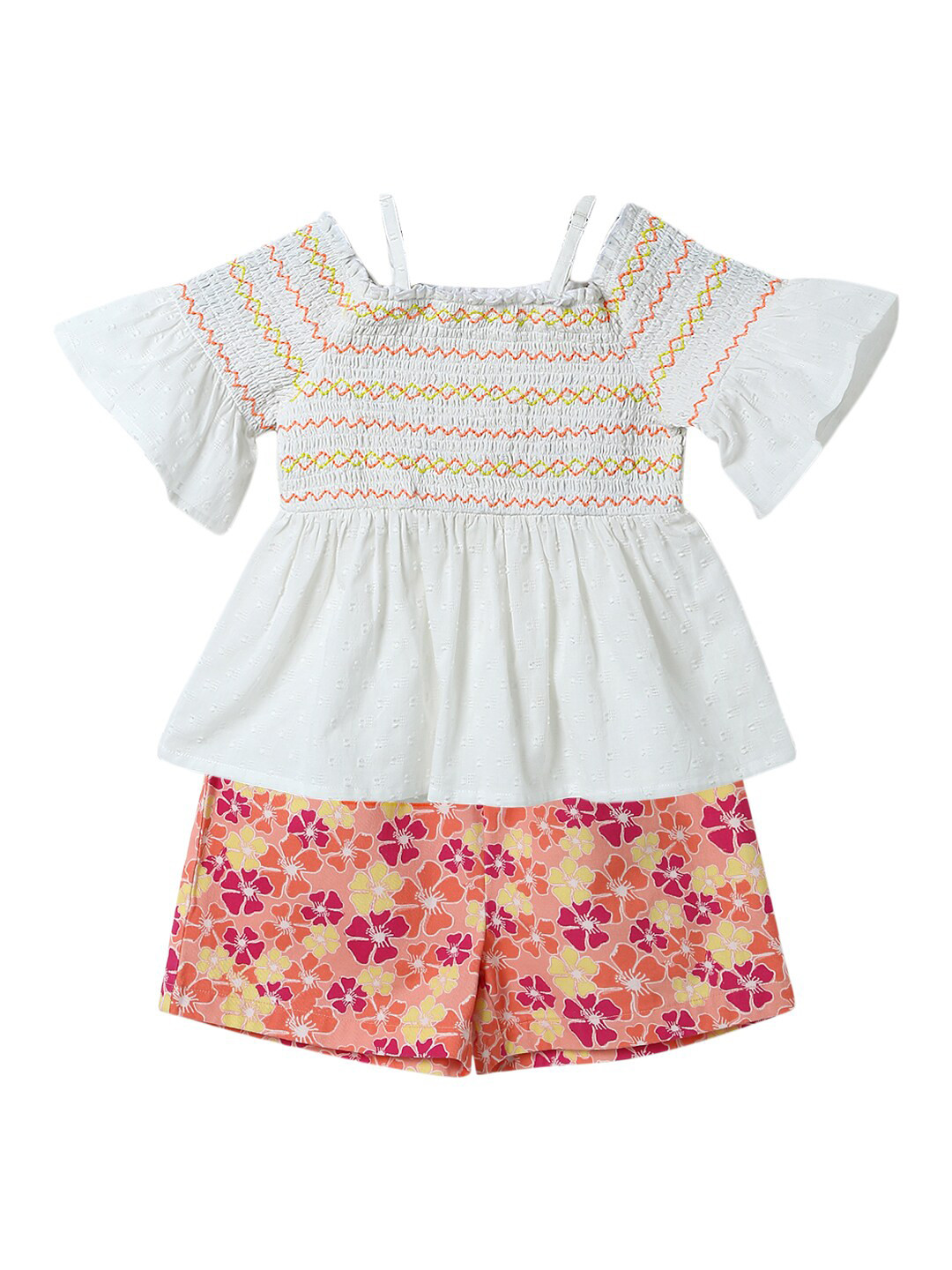 

Nauti Nati Girls White & Peach-Coloured Striped Pure Cotton Top with Shorts