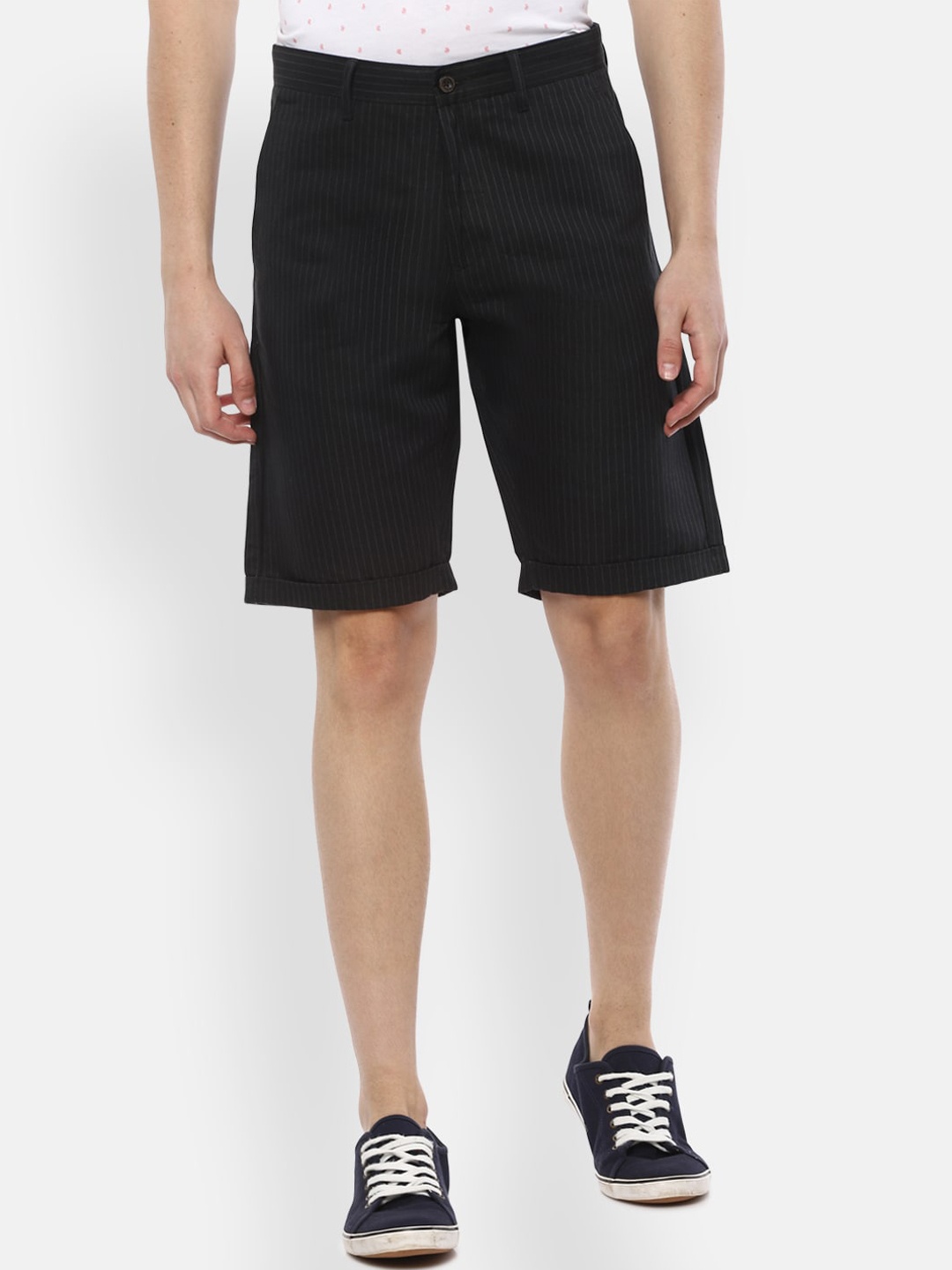 

Louis Philippe Men Black Striped Mid-Rise Linen Regular Shorts