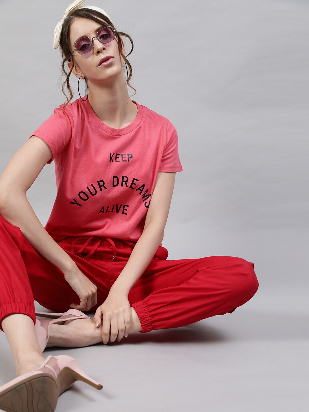 

STREET 9 Women Coral typography Printed 100% Cotton Pure Cotton T-shirt