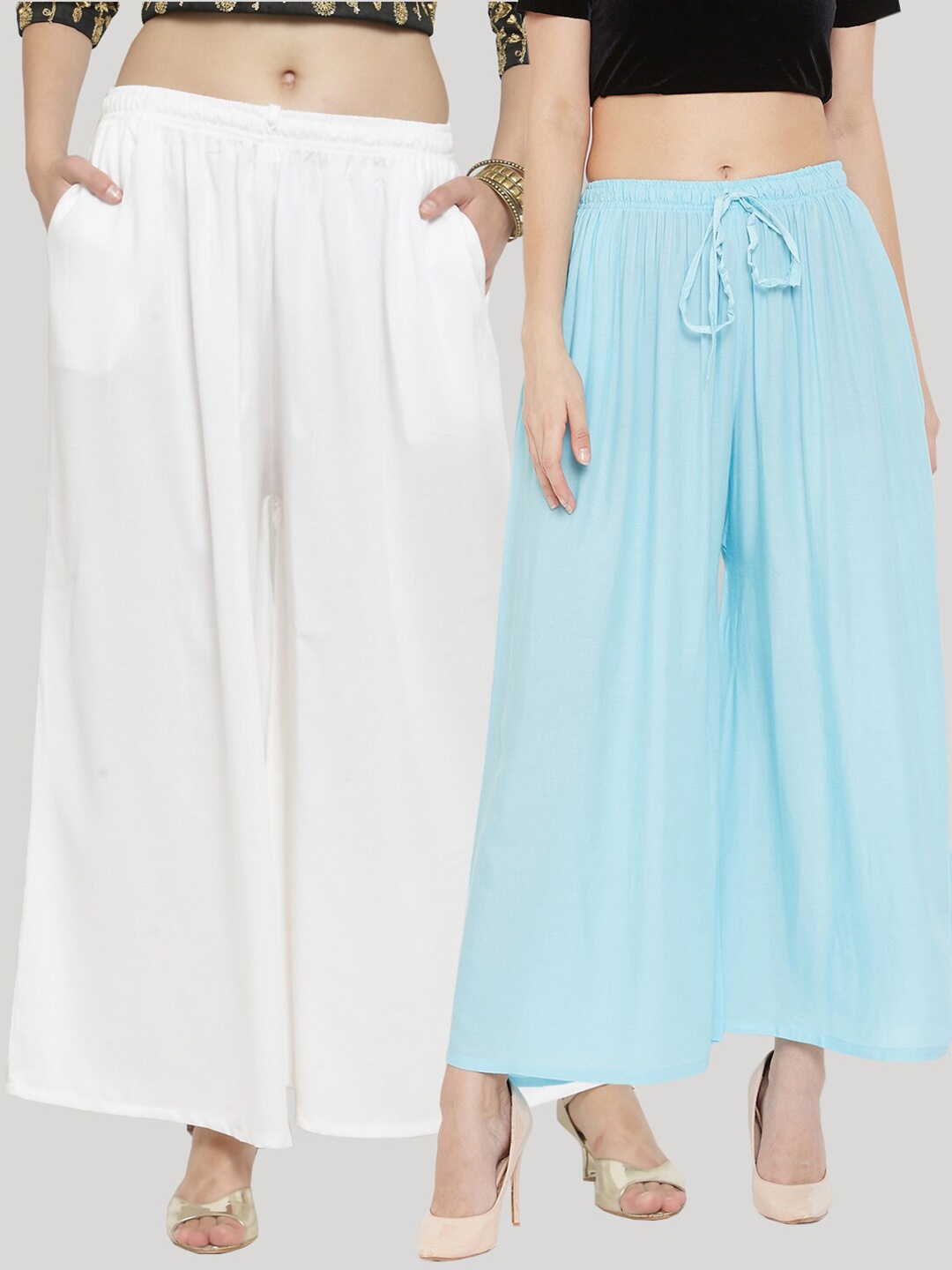 

Clora Creation Women Pack of 2 White & Turquoise Blue Knitted Ethnic Palazzos
