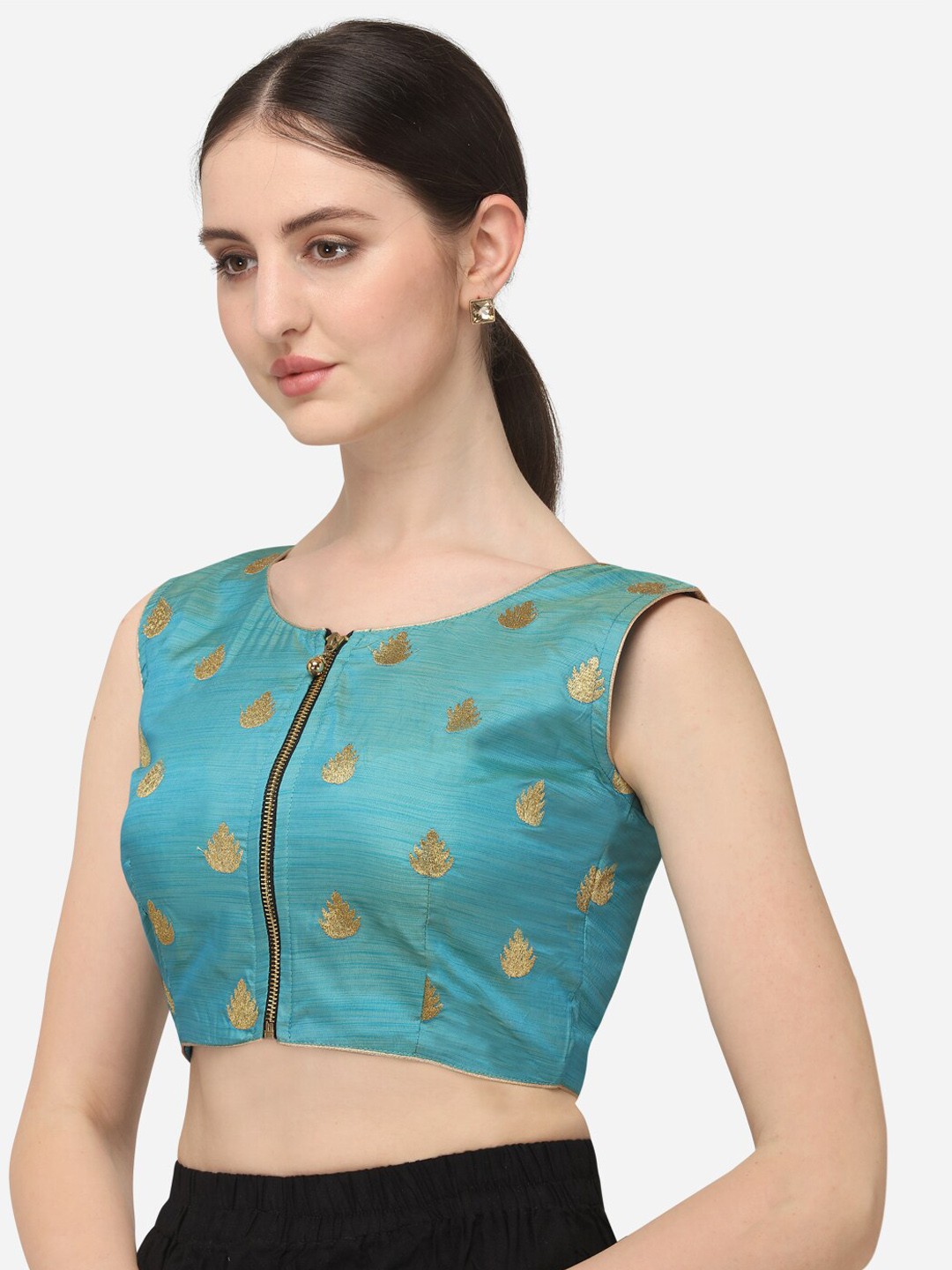 

Fab Dadu Women Turquoise Blue & Gold-Coloured Embroidered Jacquard Saree Blouse