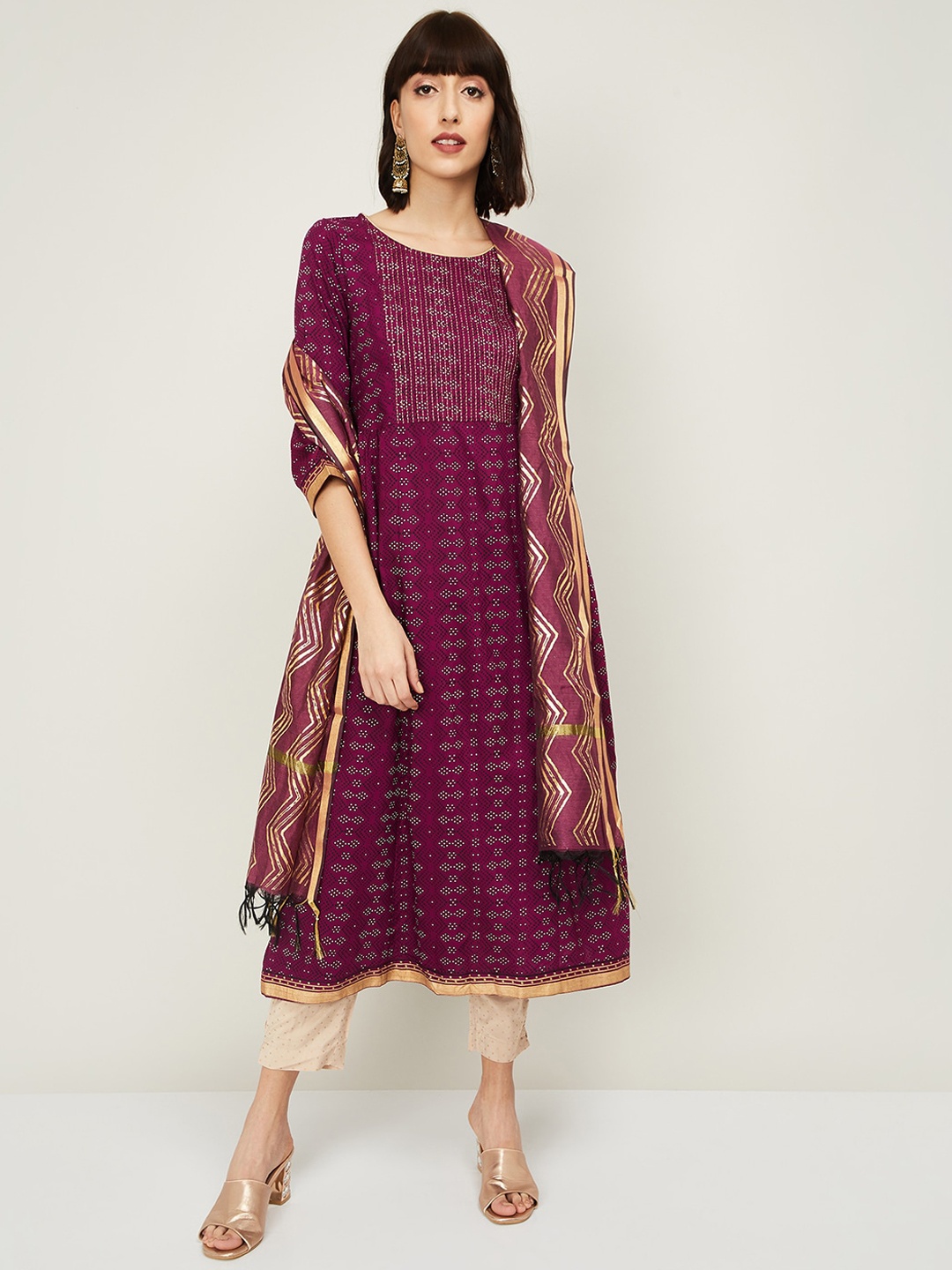 

Melange by Lifestyle Women Purple Printed Kurta with Palazzos & With Dupatta
