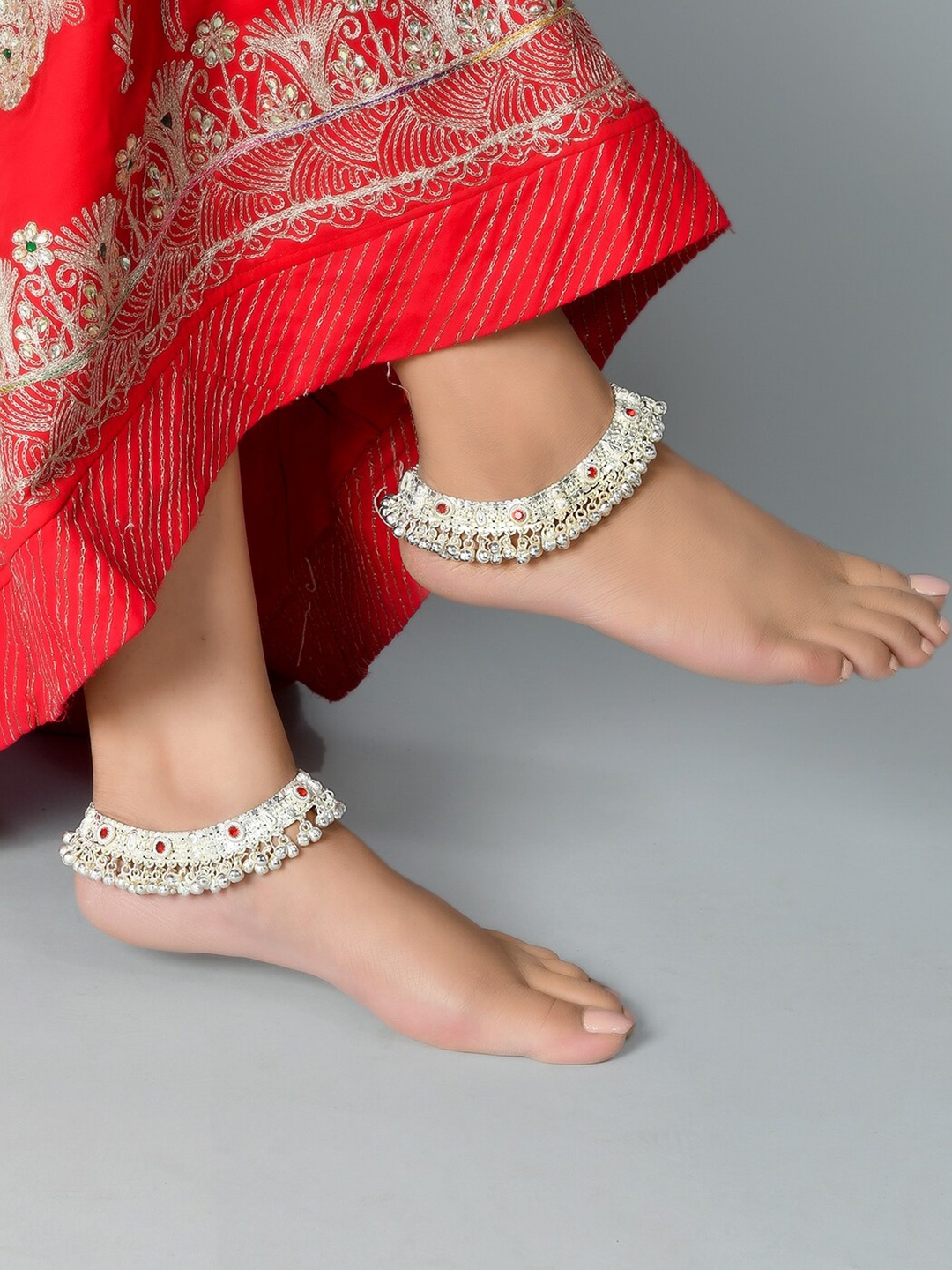 

Silvermerc Designs Set Of 2 Silver-Plated Red Stone-Studded Traditional Handcrafted Anklets